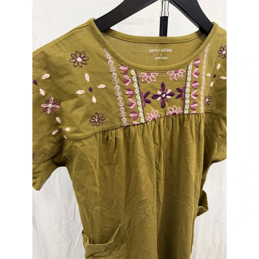 Garnet Hill‎ Kids Girls Large Floral Embroidered Boho Cotton Jersey Dress